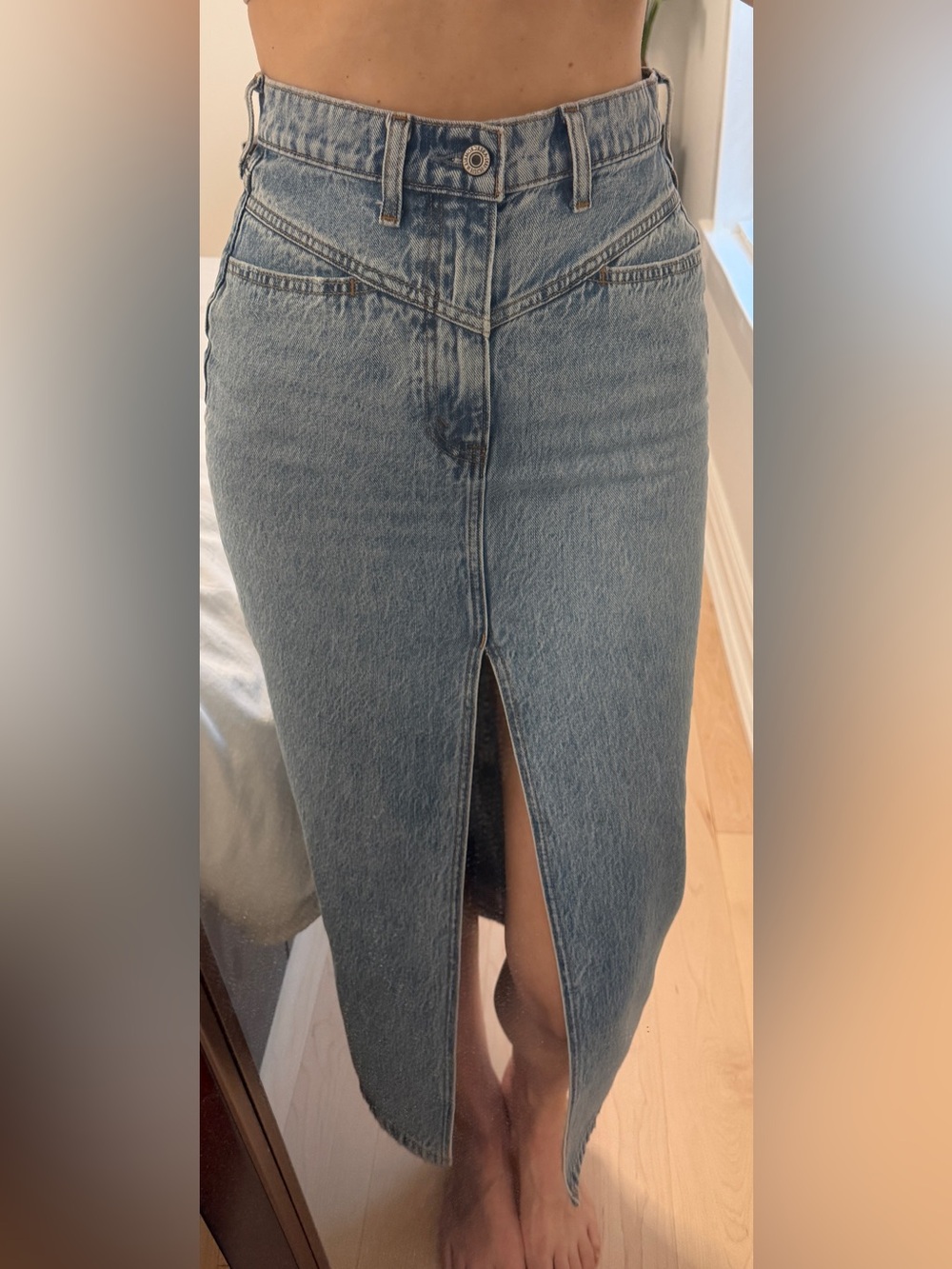 Abercrombie & Fitch High-Waisted Front-Slit Denim Skirt - Light Blue